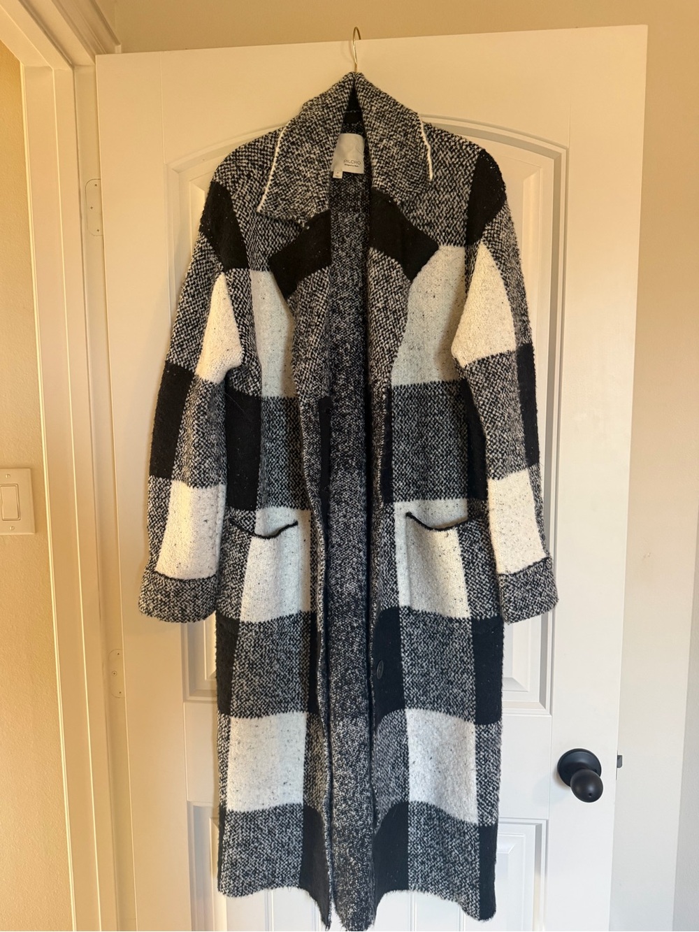Pilcro Black and White Plaid Open-Front Long Coat